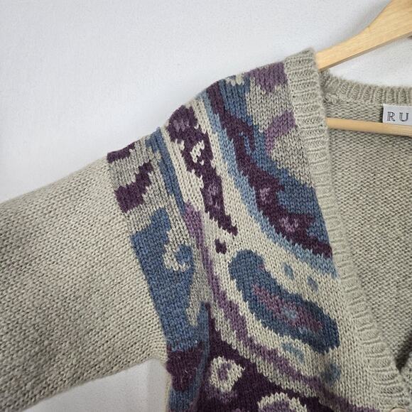 VTG Russ Mohair Wool Blend Cardigan Sweater L Gray Purple Cabincore Grandmacore - Picture 5 of 15
